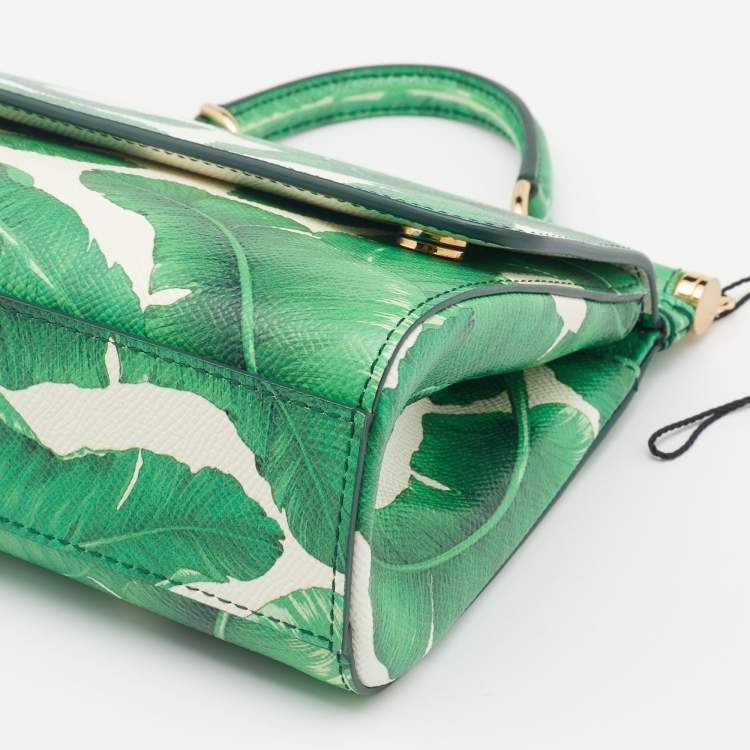 Pre Owned Dolce & Gabbana Green Banana Leaf Print Leather Small Miss Sicily Top Handle Bag