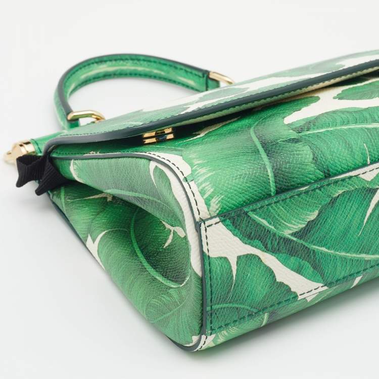Pre Owned Dolce & Gabbana Green Banana Leaf Print Leather Small Miss Sicily Top Handle Bag