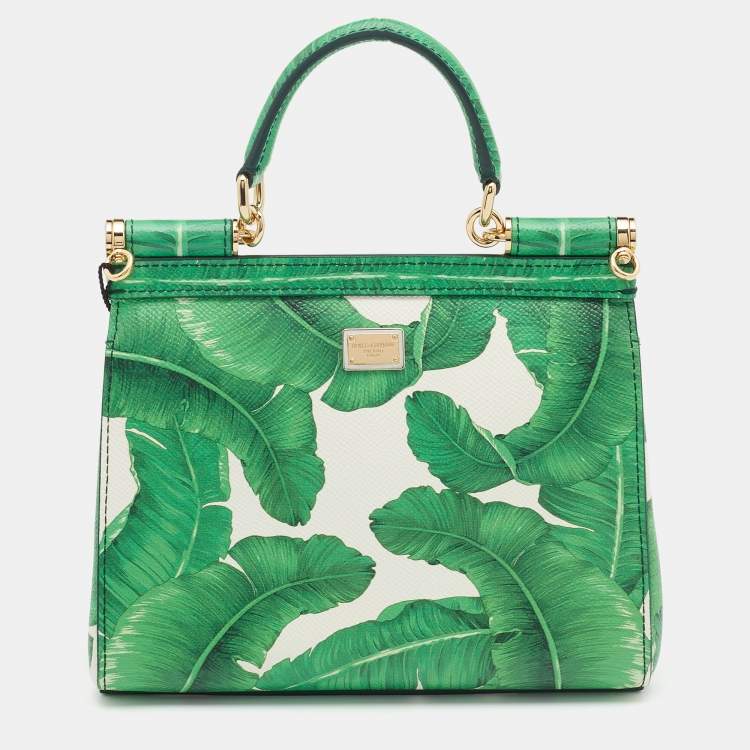Pre Owned Dolce & Gabbana Green Banana Leaf Print Leather Small Miss Sicily Top Handle Bag