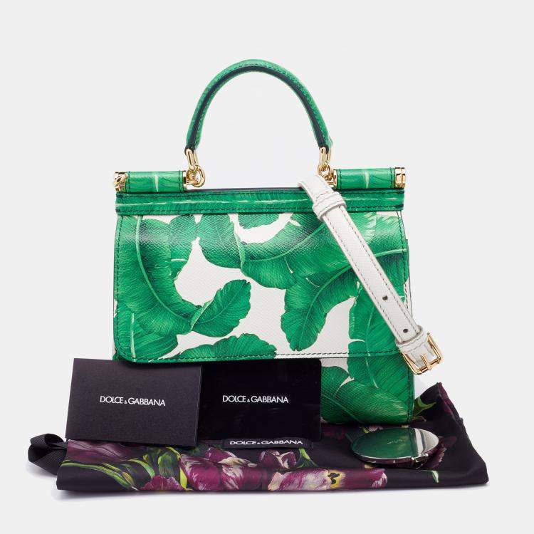 Pre Owned Dolce & Gabbana Green Banana Leaf Print Leather Small Miss Sicily Top Handle Bag