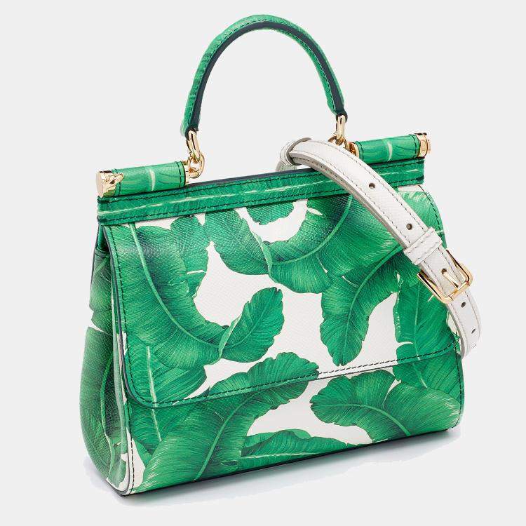 Pre Owned Dolce & Gabbana Green Banana Leaf Print Leather Small Miss Sicily Top Handle Bag