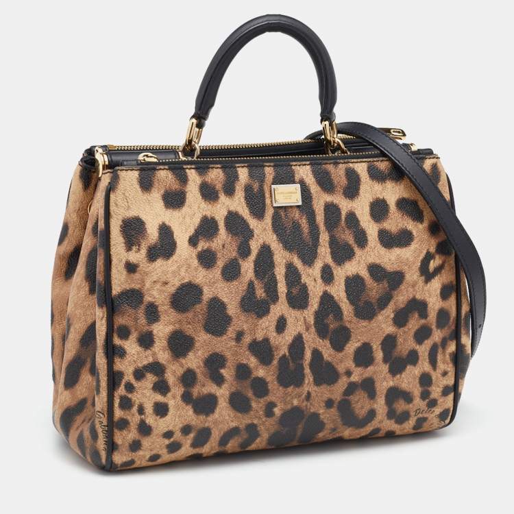 Pre Owned Dolce & Gabbana Brown/Black Leopard Print Coated Canvas and Leather Miss Sicily Top Handle Bag
