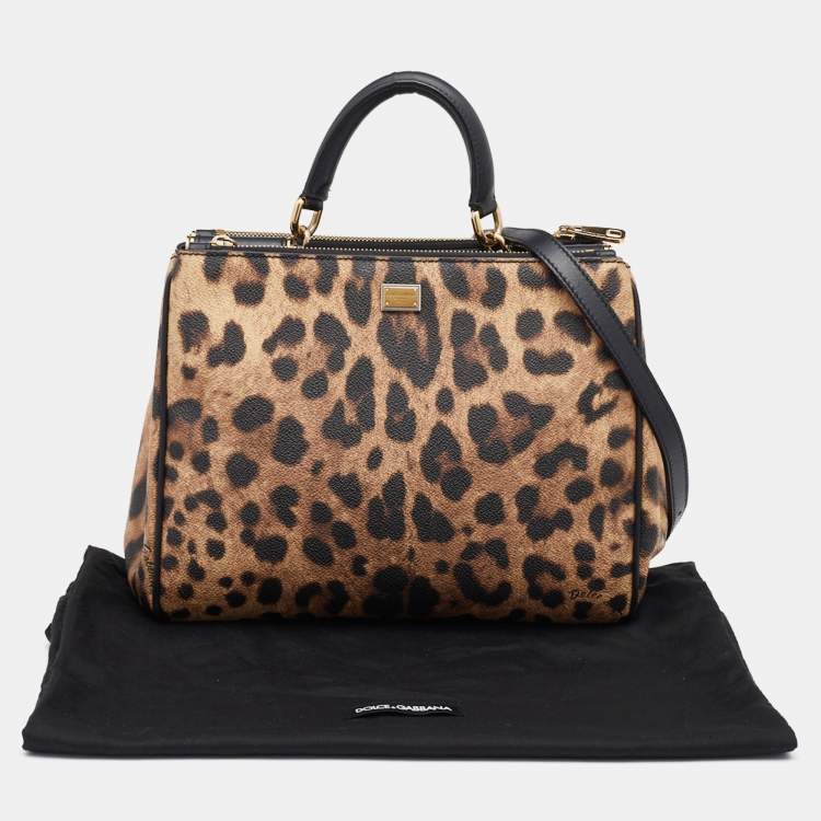 Pre Owned Dolce & Gabbana Brown/Black Leopard Print Coated Canvas and Leather Miss Sicily Top Handle Bag