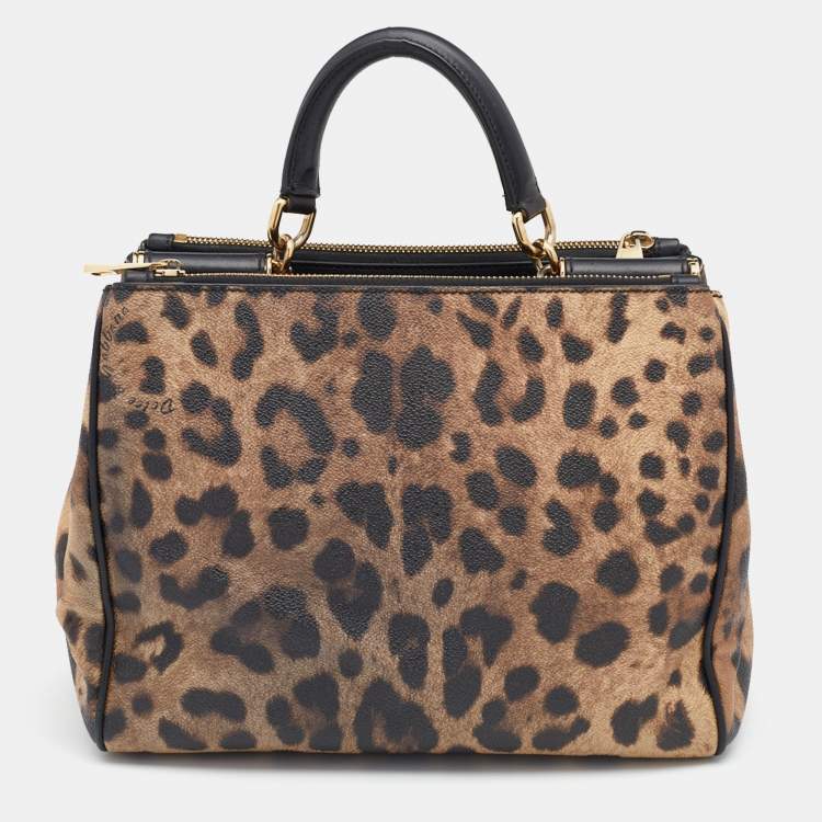 Pre Owned Dolce & Gabbana Brown/Black Leopard Print Coated Canvas and Leather Miss Sicily Top Handle Bag