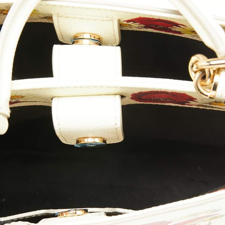 Pre Owned Dolce & Gabbana Off White Floral Print Leather Small Miss Sicily Top Handle Bag