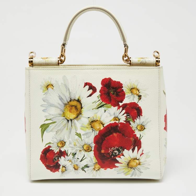 Pre Owned Dolce & Gabbana Off White Floral Print Leather Small Miss Sicily Top Handle Bag