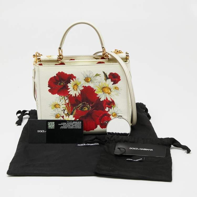 Pre Owned Dolce & Gabbana Off White Floral Print Leather Small Miss Sicily Top Handle Bag
