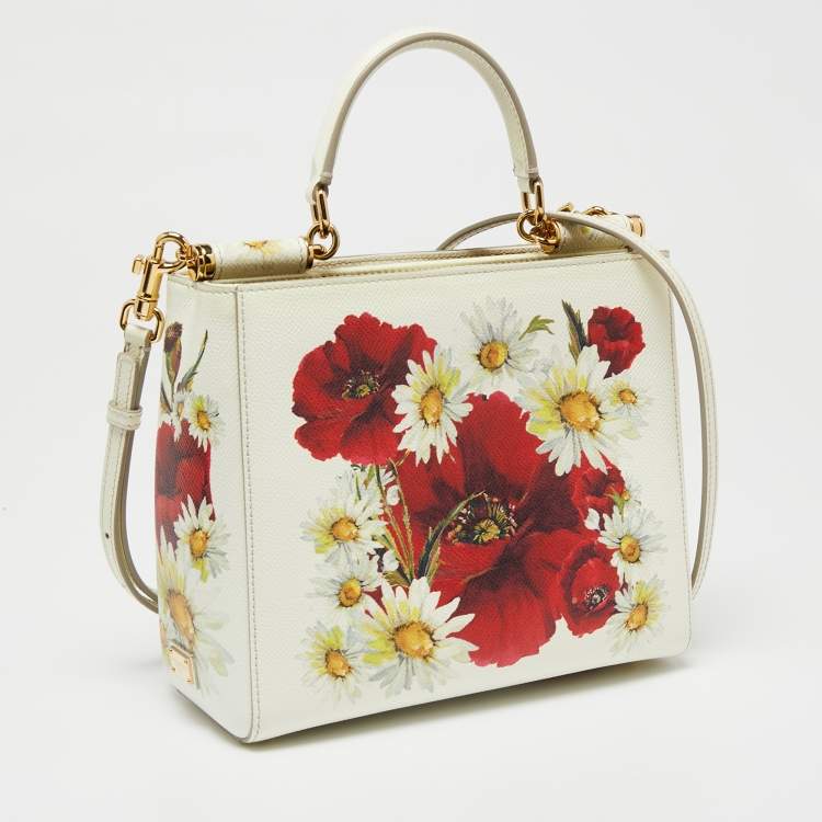 Pre Owned Dolce & Gabbana Off White Floral Print Leather Small Miss Sicily Top Handle Bag