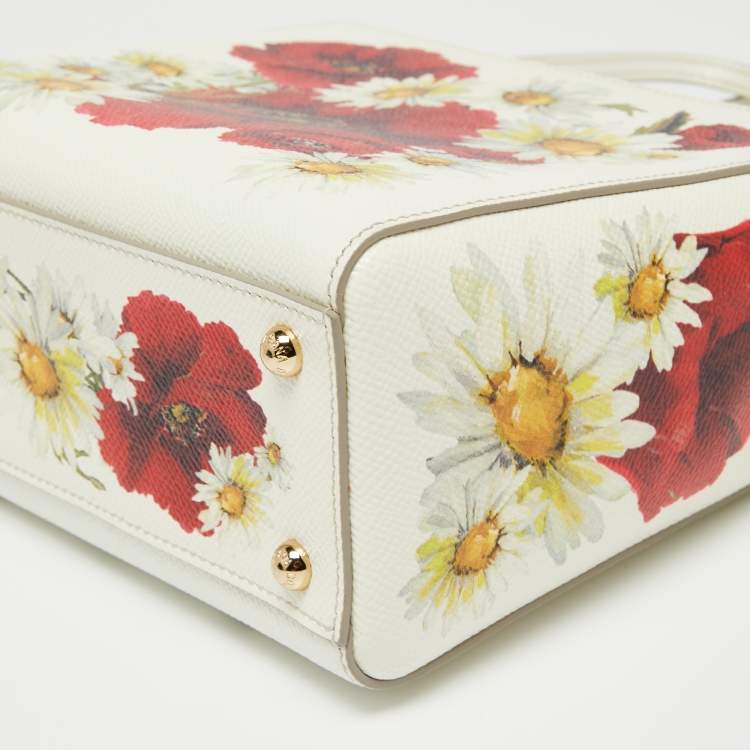 Pre Owned Dolce & Gabbana Off White Floral Print Leather Small Miss Sicily Top Handle Bag
