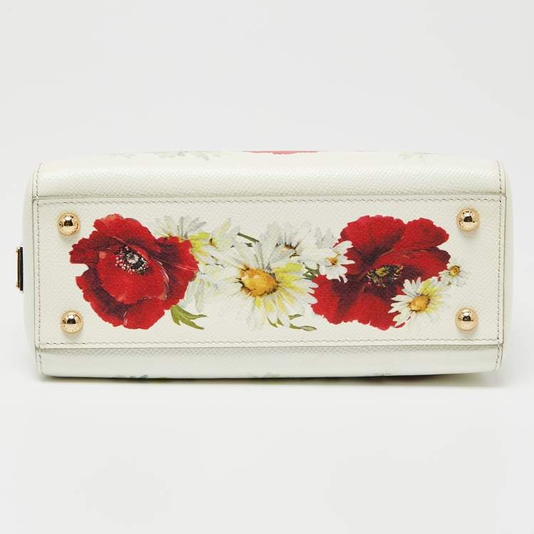 Pre Owned Dolce & Gabbana Off White Floral Print Leather Small Miss Sicily Top Handle Bag