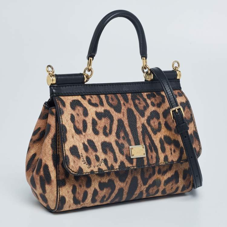 Pre Owned Dolce&Gabbana Leopard Print Leather Small Miss Sicily Top Handle Bag