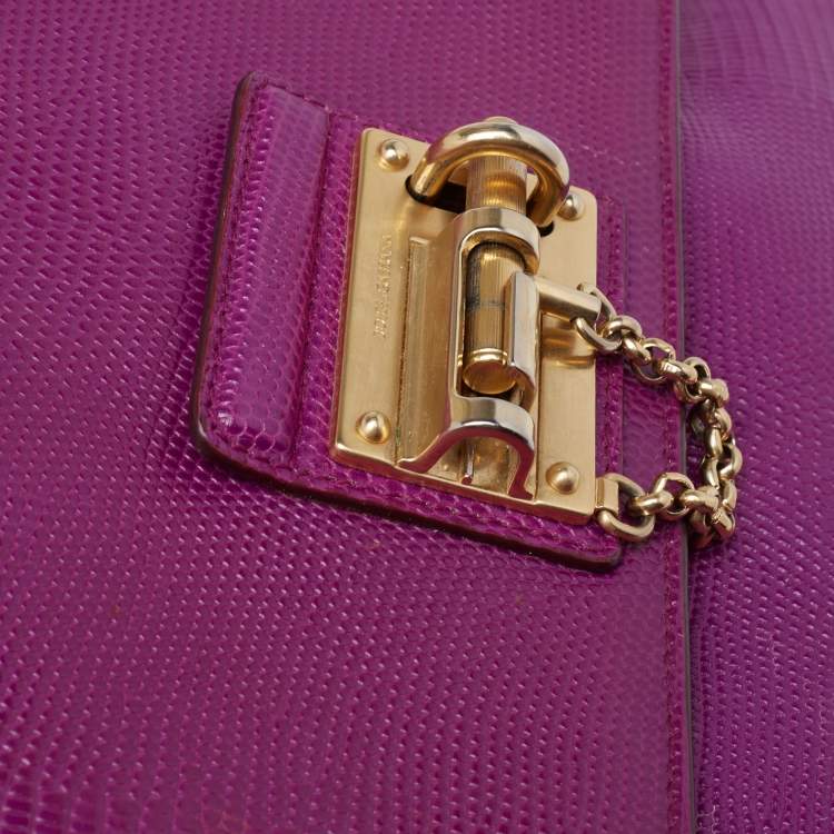 Pre Owned Dolce & Gabbana Purple Lizard Embossed Leather Medium Miss Monica Top Handle Bag