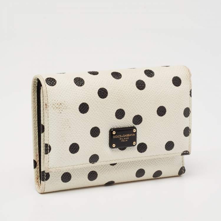 Pre Owned Dolce & Gabbana White/Black Polka Dot Print Leather Trifold Compact Wallet
