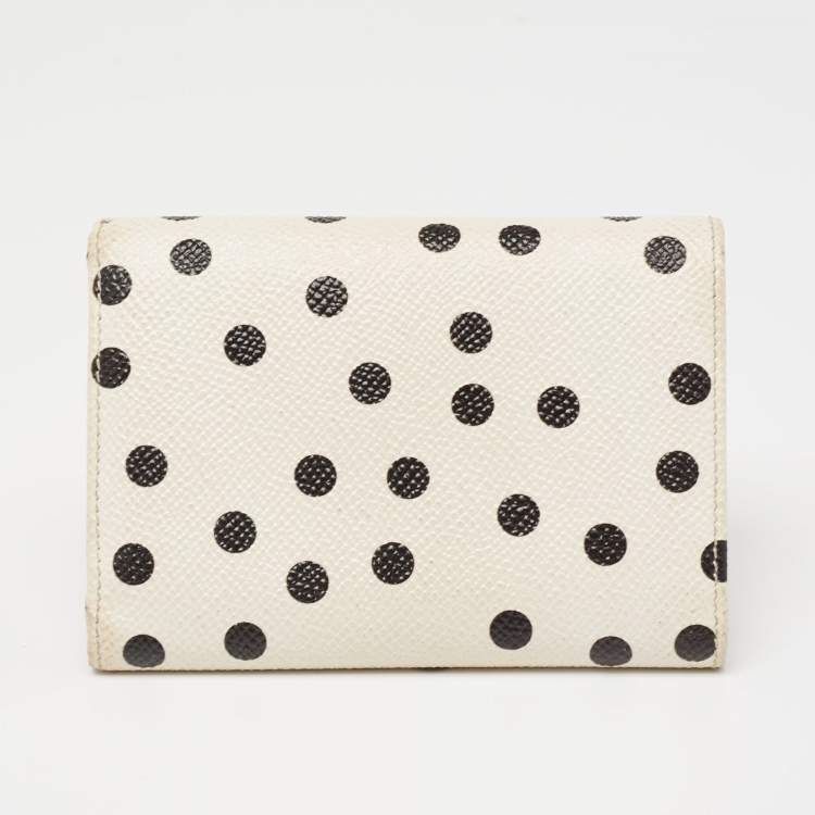 Pre Owned Dolce & Gabbana White/Black Polka Dot Print Leather Trifold Compact Wallet
