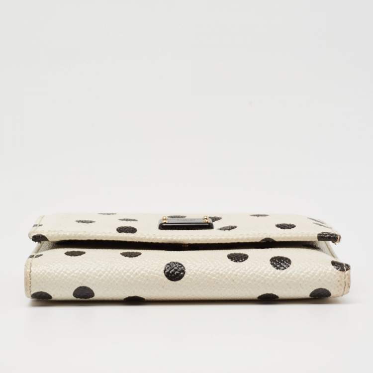 Pre Owned Dolce & Gabbana White/Black Polka Dot Print Leather Trifold Compact Wallet