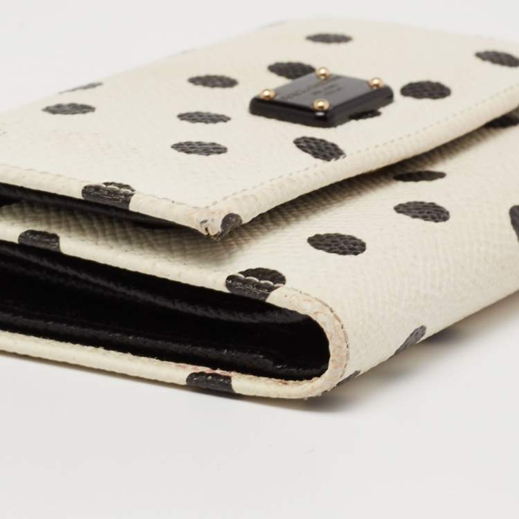 Pre Owned Dolce & Gabbana White/Black Polka Dot Print Leather Trifold Compact Wallet