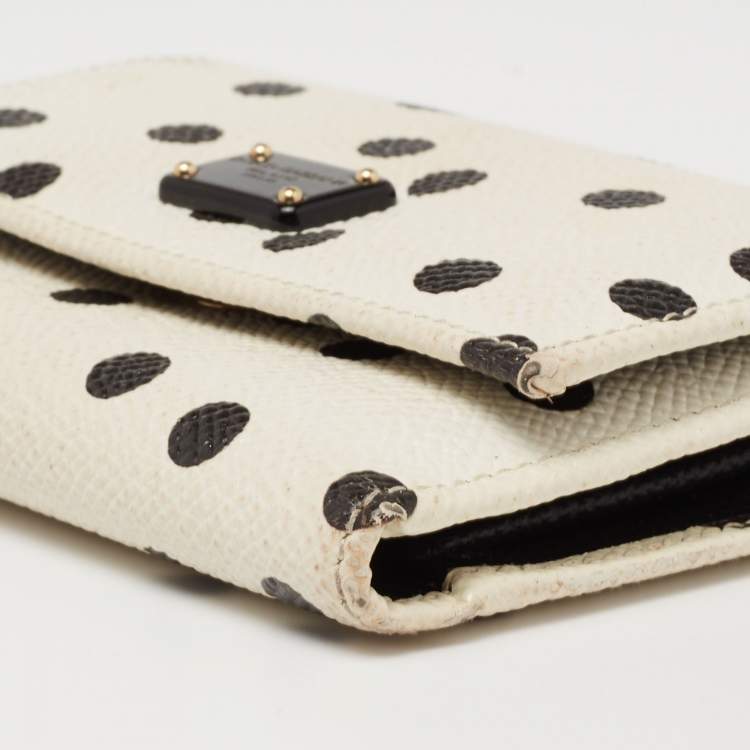 Pre Owned Dolce & Gabbana White/Black Polka Dot Print Leather Trifold Compact Wallet