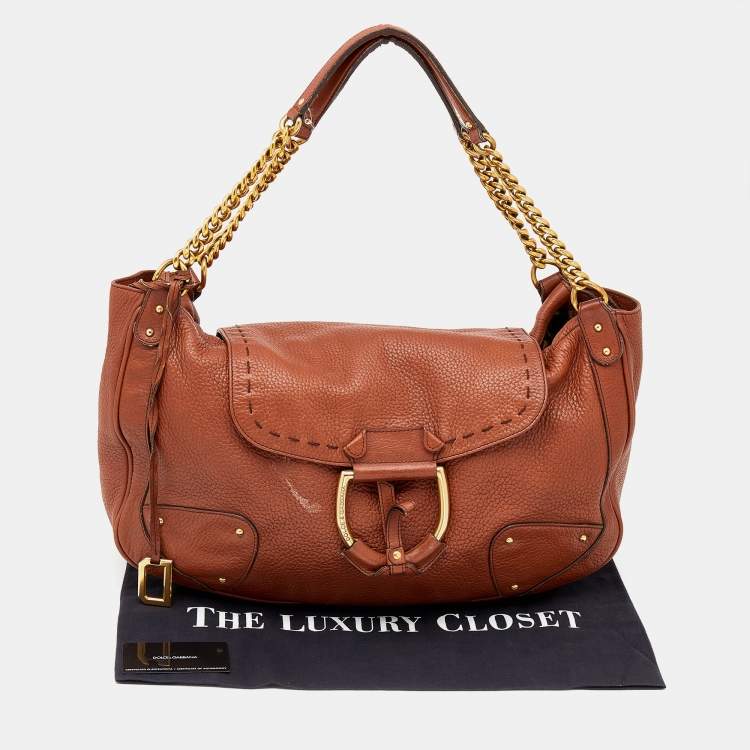Pre Owned Dolce & Gabbana Brown Leather D-Ring Chain Shoulder Bag