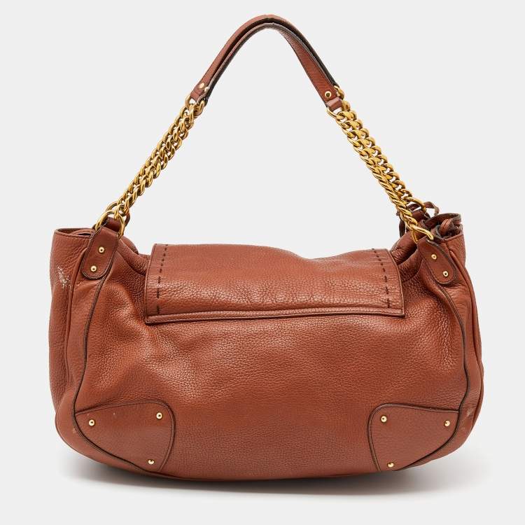 Pre Owned Dolce & Gabbana Brown Leather D-Ring Chain Shoulder Bag