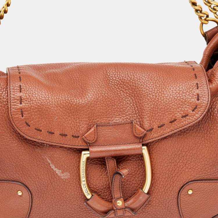 Pre Owned Dolce & Gabbana Brown Leather D-Ring Chain Shoulder Bag