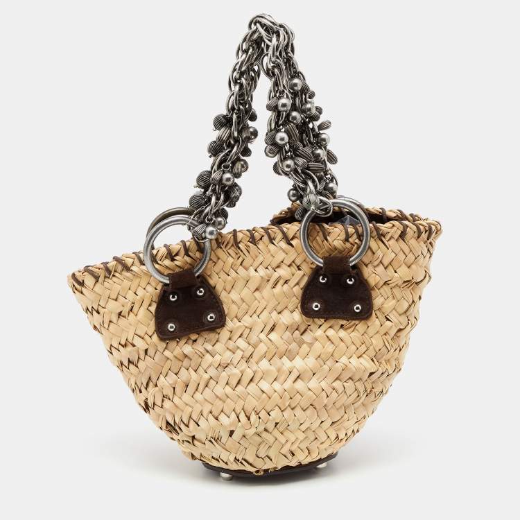 Pre Owned Dolce & Gabbana Beige/Brown Straw And Suede Metal Charm Handle Tote