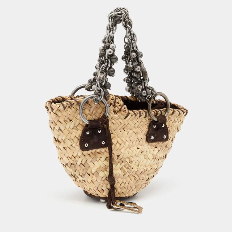 Pre Owned Dolce & Gabbana Beige/Brown Straw And Suede Metal Charm Handle Tote
