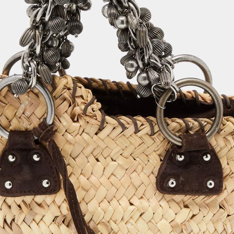 Pre Owned Dolce & Gabbana Beige/Brown Straw And Suede Metal Charm Handle Tote