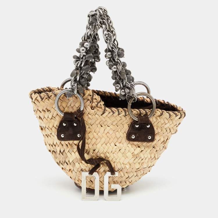Pre Owned Dolce & Gabbana Beige/Brown Straw And Suede Metal Charm Handle Tote