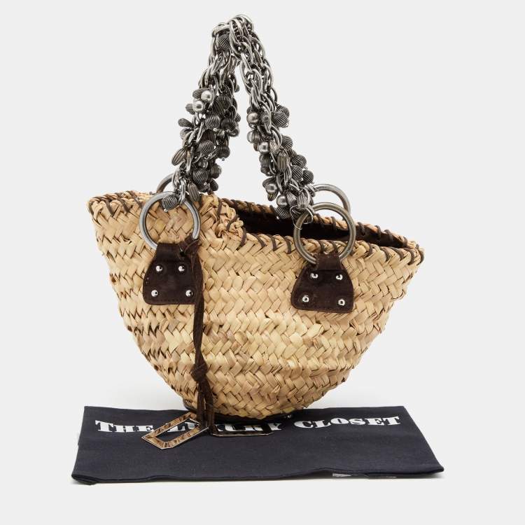Pre Owned Dolce & Gabbana Beige/Brown Straw And Suede Metal Charm Handle Tote
