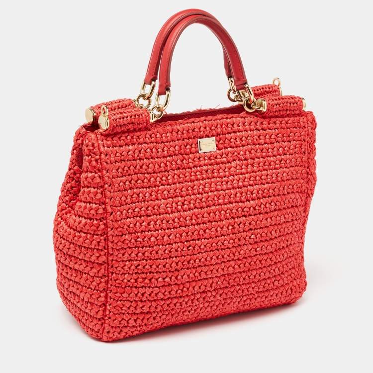 Pre Owned Dolce & Gabbana Red Woven Straw Medium Miss Sicily Tote