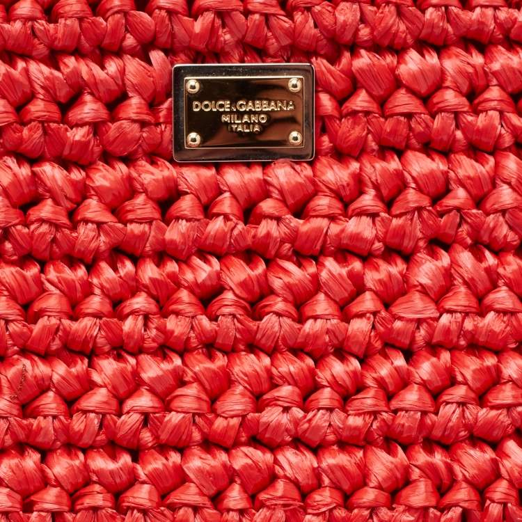 Pre Owned Dolce & Gabbana Red Woven Straw Medium Miss Sicily Tote