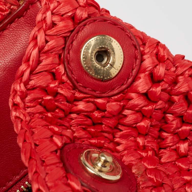 Pre Owned Dolce & Gabbana Red Woven Straw Medium Miss Sicily Tote