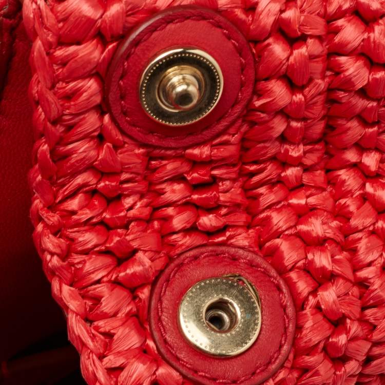 Pre Owned Dolce & Gabbana Red Woven Straw Medium Miss Sicily Tote