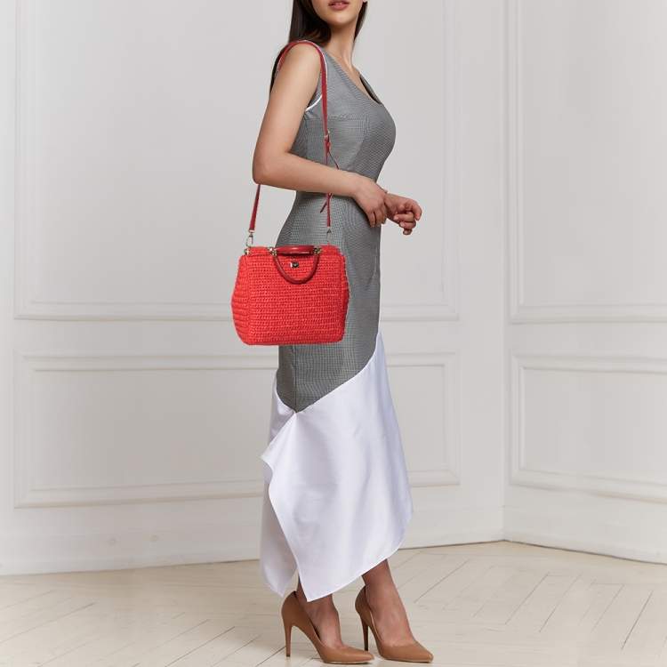 Pre Owned Dolce & Gabbana Red Woven Straw Medium Miss Sicily Tote
