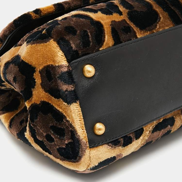 Pre Owned Dolce & Gabbana Black/Brown Leopard Print Velvet Medium Miss Sicily Top Handle Bag