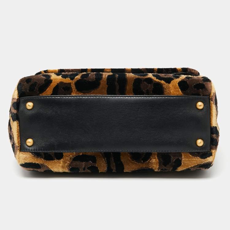 Pre Owned Dolce & Gabbana Black/Brown Leopard Print Velvet Medium Miss Sicily Top Handle Bag