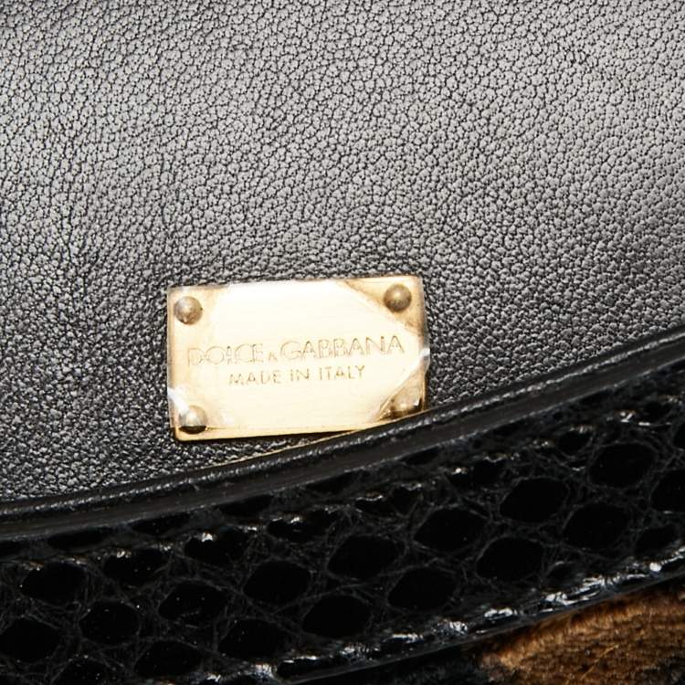 Pre Owned Dolce & Gabbana Black/Brown Leopard Print Velvet Medium Miss Sicily Top Handle Bag