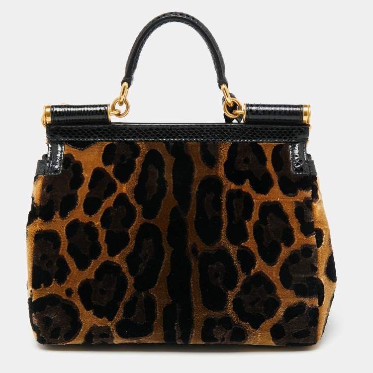 Pre Owned Dolce & Gabbana Black/Brown Leopard Print Velvet Medium Miss Sicily Top Handle Bag