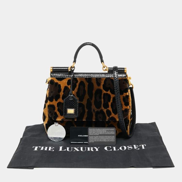 Pre Owned Dolce & Gabbana Black/Brown Leopard Print Velvet Medium Miss Sicily Top Handle Bag