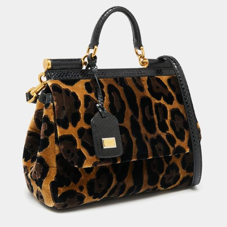 Pre Owned Dolce & Gabbana Black/Brown Leopard Print Velvet Medium Miss Sicily Top Handle Bag
