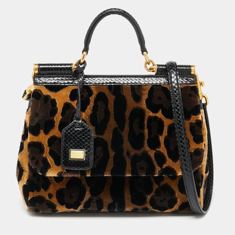 Pre Owned Dolce & Gabbana Black/Brown Leopard Print Velvet Medium Miss Sicily Top Handle Bag