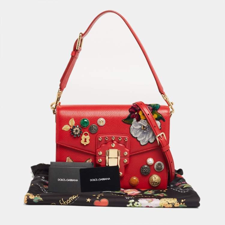 Pre Owned Dolce & Gabbana Red Leather Lucia Embellished Shoulder Bag