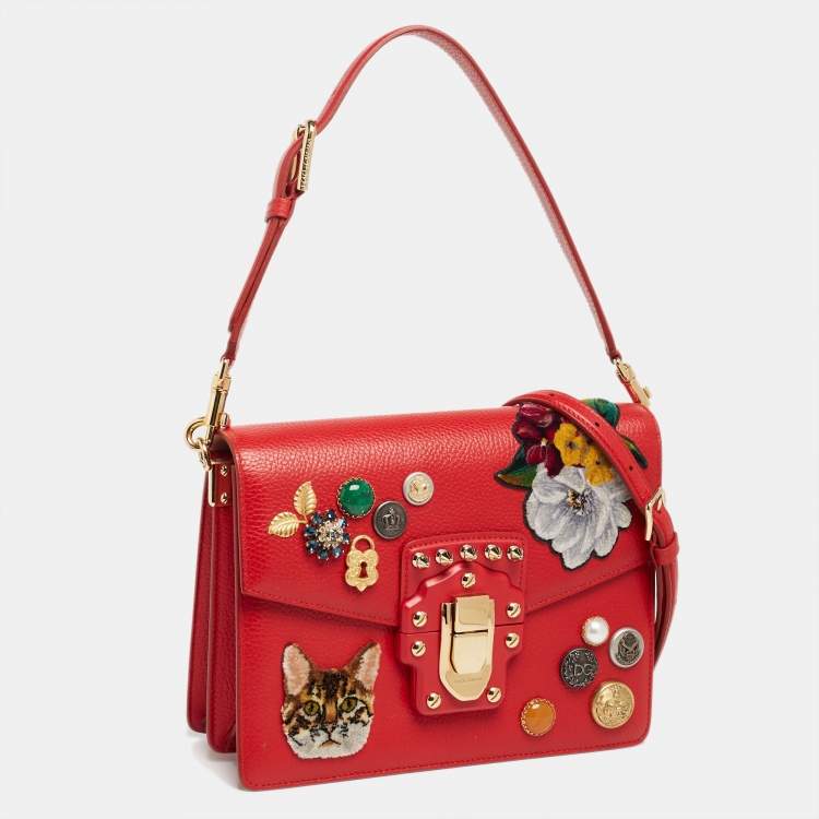 Pre Owned Dolce & Gabbana Red Leather Lucia Embellished Shoulder Bag