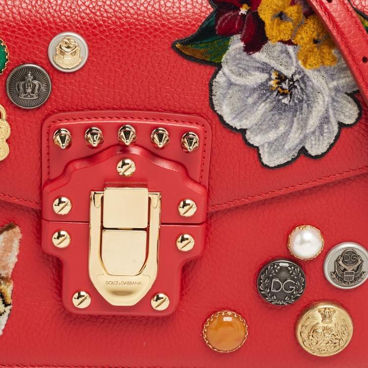 Pre Owned Dolce & Gabbana Red Leather Lucia Embellished Shoulder Bag