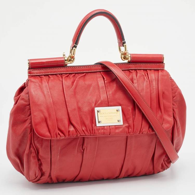 Pre Owned Dolce & Gabbana Red Pleated Leather Large Miss Sicily Top Handle Bag