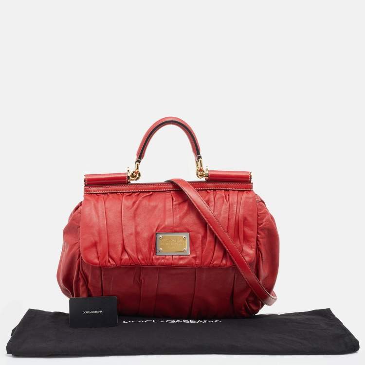 Pre Owned Dolce & Gabbana Red Pleated Leather Large Miss Sicily Top Handle Bag