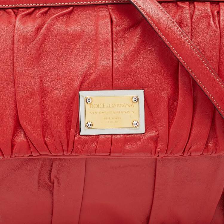 Pre Owned Dolce & Gabbana Red Pleated Leather Large Miss Sicily Top Handle Bag