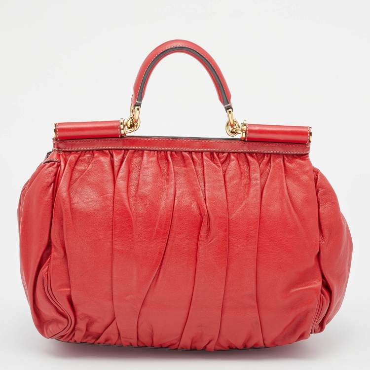 Pre Owned Dolce & Gabbana Red Pleated Leather Large Miss Sicily Top Handle Bag