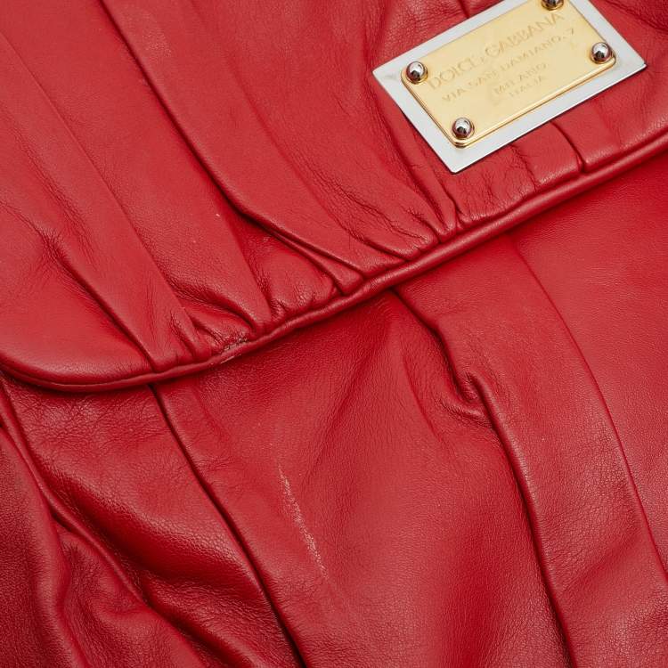 Pre Owned Dolce & Gabbana Red Pleated Leather Large Miss Sicily Top Handle Bag