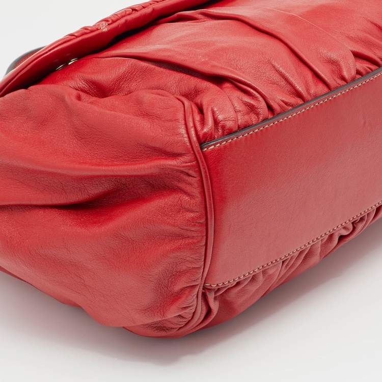 Pre Owned Dolce & Gabbana Red Pleated Leather Large Miss Sicily Top Handle Bag